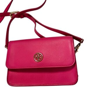 Tory Burch York Combo Leather Adjustable Mini Crossbody In Pink Carnation